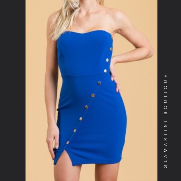 Blue Strapless party dress wrap metal buttons Mini cocktail attire - Picture 1 of 10